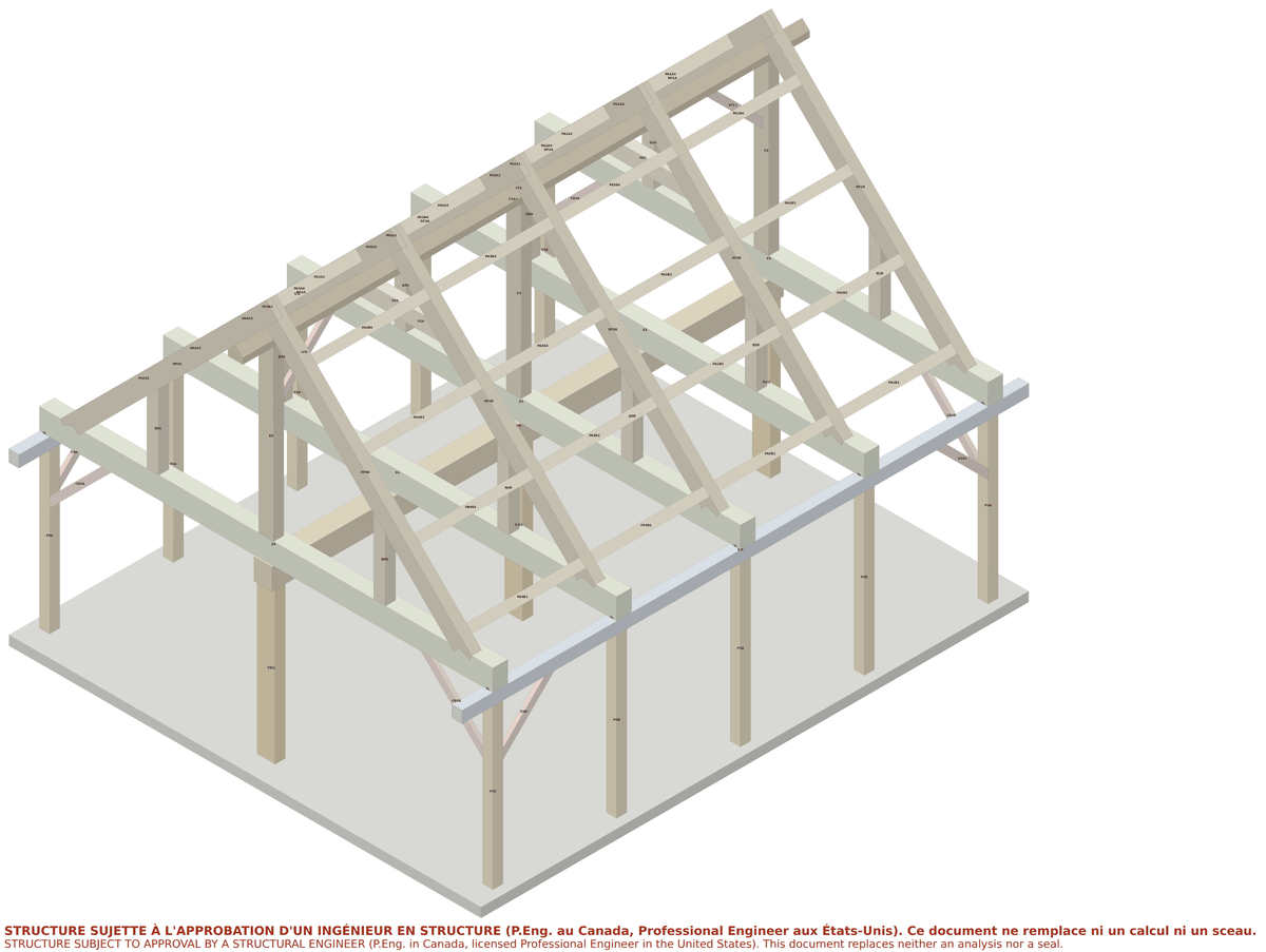 Assembled timber frame of a 24 × 28 ft house, 5 bents